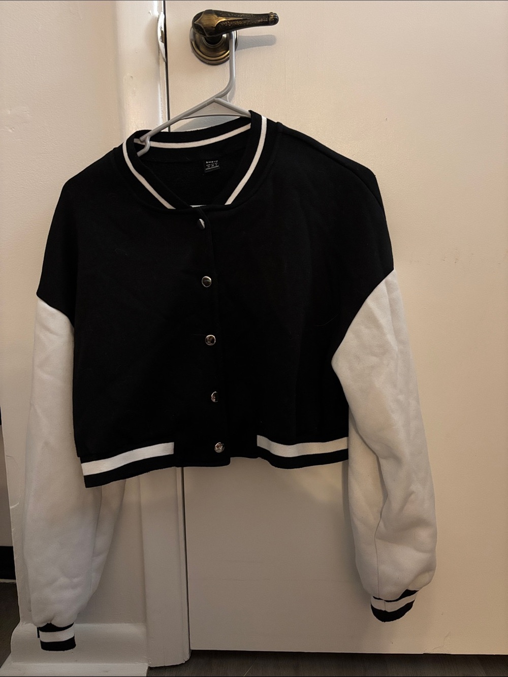 SHEIN Black & White Cropped Varsity Jacket